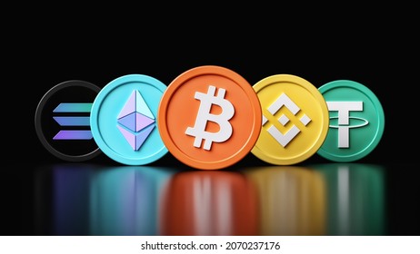 Cryptocurrencies top 5 by market capitalization. Updated November 2021. Bitcoin, Ethereum, Binance Coin, Solana and Tether coin 3d icons on black background. High quality 3D rendering.