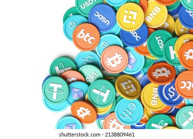 Cryptocurrencies wallpaper.  Many top 5 crypto tokens of March 2022 randomly placed seen from the top. Bitcoin, Ethereum, Tether, Binance and Usd Coin. High quality 3D rendering.