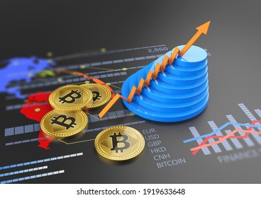 Cryptocurrency Bitcoin Growing Chart And Virtual Financial Banking Crypto Currency Market Exchange 3D Illustration