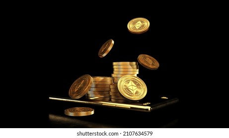 Cryptocurrency coin with Ethereum symbol - 3d render. Cryptocurrency trading and growth. Blockchain technology, mining, the concept of Ethereum mining. Illustration in cartoon simple style. 