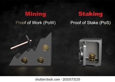 Cryptocurrency Coins Mining Staking Proof Of Work, Proof Of Stake, 3D Illustration
