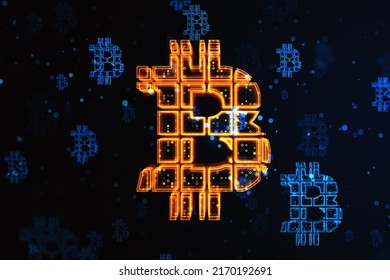 Cryptocurrency concept with orange glowing digital bitcoin sign on abstract dark technological background. 3D rendering
