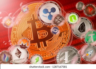 Cryptocurrency Crash; Crypto Currency Coins In A Bubbles On The Binary Code Background. Close-up. 3d Illustration
