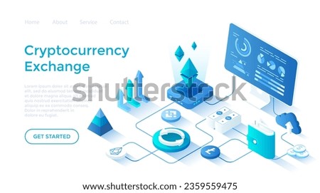 Cryptocurrency to dollars exchange platform. Cryptocurrency Exchange and blockchain. Money market, finance trading, analytics. Isometric illustration 
