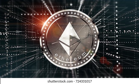 Cryptocurrency Ethereum In Blurred Virtual Network 3D Illustration.