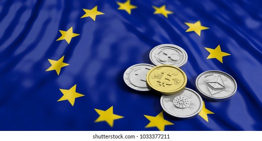 Cryptocurrency In EU Concept. Golden Bitcoin And Variety Of Silver Virtual Coins On European Union Flag Background. 3d Illustration