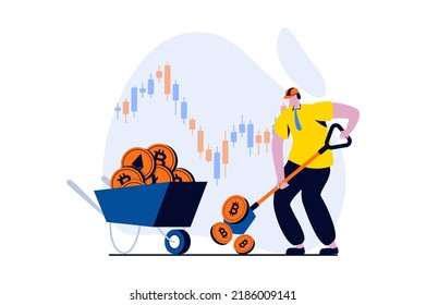 Cryptocurrency mining concept with people scene in flat cartoon design. Miner collects bitcoins and other crypto money in wheelbarrow for trading on exchange. Illustration visual story for web