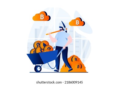 Cryptocurrency mining concept with people scene in flat cartoon design. Man miner with pickaxe is extraction digital money and carries bitcoins in wheelbarrow. Illustration visual story for web