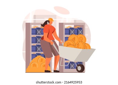Cryptocurrency mining web concept in flat design. Woman holds wheelbarrow with bitcoins and other crypto money, invests and earns profit on her own mining farm. Illustration with people scene