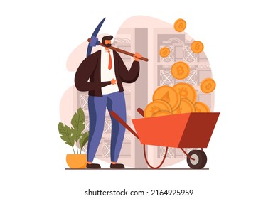 Cryptocurrency mining web concept in flat design. Man with pickaxe near wheelbarrow with bitcoins and other coins, investing money in and crypto business. Illustration with people scene