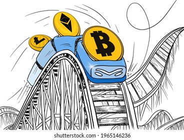 cryptocurrency rate ethereum bitcoin litecoin exchange growth falling currency exchange rate electronic money roller coaster up down illustration drawing coin gold