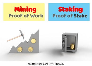 Cryptocurrency Staking Mining Proof Of Work, Proof Of Stake, 3D Illustration