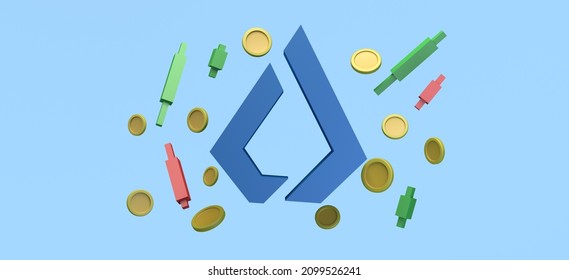 Cryptocurrency symbol lisk floating with coins and candlestick charts. 3D illustration. Copy space.