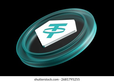Cryptocurrency Tether USDT 3D transparent coin isolated on a black background. High quality 3D rendering suitable for digital currency concepts.