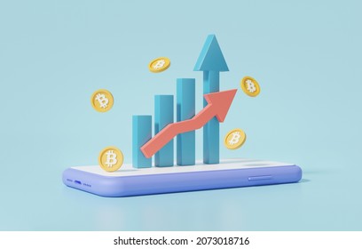 Cryptocurrency trading or bitcoin buy, sell, with mobile finance business investment. growth statistics trading concept. banner, exchange, on blue background. 3d render illustration