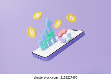 Cryptocurrency trading btc or bitcoin buy, sell, with mobile finance business investment. growth statistics trader concept. banner, crypto exchange, cartoon minimal. 3d render illustration