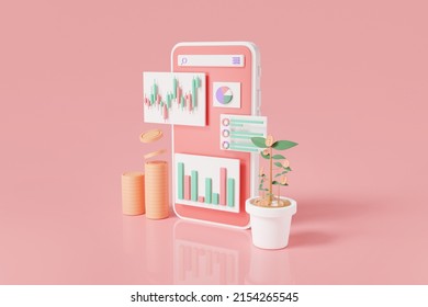 Cryptocurrency Trading Online On Mobile.Stock Market Chart.Bitcoin Cryptocurrency.Growing Financial Index.Mobile Online Trading.Finance Investment.Forex Trading Concept.3d Icon Render Illustration