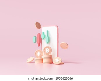 Cryptocurrency Trend Trading And Growing, Bitcoin Rising All Time High With Graph, Bitcoin Investment On Smartphone Concept. 3d Render Illustration