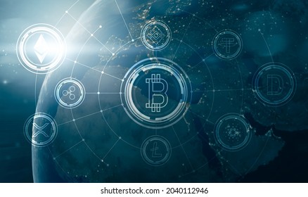 Cryptocurrency world blue modern background concept, digital coin currency blockchain holding, online financial cash exchange, futuristic future money transaction communication transfer, illustration - Powered by Shutterstock