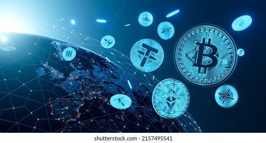 Cryptocurrency world future financial currency cash money metaverse intent 3.0 network technology, blockchain market computer tech companies built on digital link crypto tokens coins, 3D illustration - Powered by Shutterstock