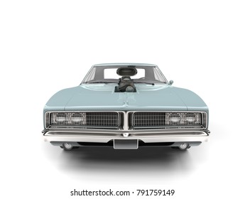 Crystal Blue Vintage American Muscle Car - Front View - 3D Render
