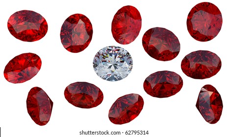 Crystal diamond among red rubies isolated over white. Extralarge resolution