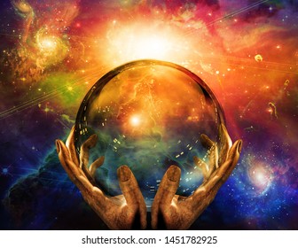 Crystal sphere in hands of creator. 3D rendering