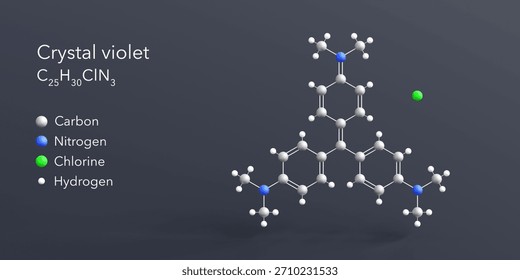 crystal violet molecule 3d rendering, flat molecular structure with chemical formula and atoms color coding
