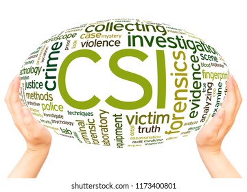 CSI Crime Scene Investigation word hand sphere cloud concept on white background. 