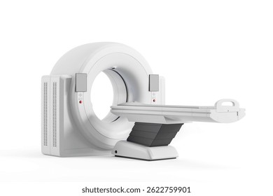 CT scanner machine with patient table shown in realistic style on white background, concept of advanced medical imaging technology, 3D Rendering
