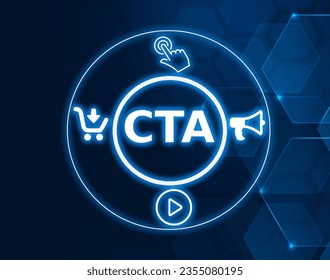 CTA call to action concept with icons of button click, play, megaphone and cart - Powered by Shutterstock