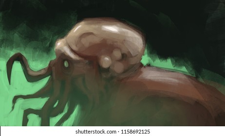 Cthulhu human hybrid sea body smoke evil tentacle creature concept art digital illustration