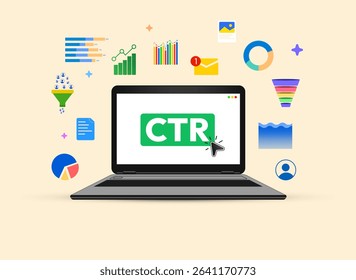 CTR on the laptop screen with floating infographics, graph, growth, leads, conversions, click through rate - Powered by Shutterstock - Get 15% off with code: PIKWIZARD15