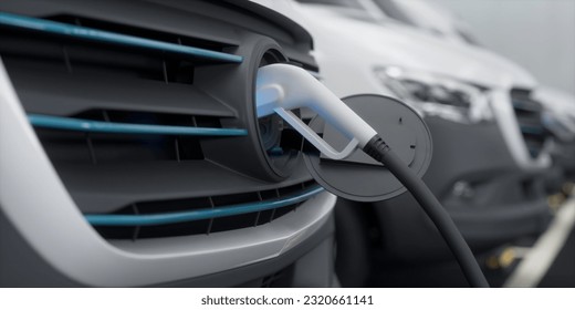 CU Fleet of generic electric EV delivery vans charging on charging stations inside company parking garage. Realistic 3d rendering. 3D Illustration