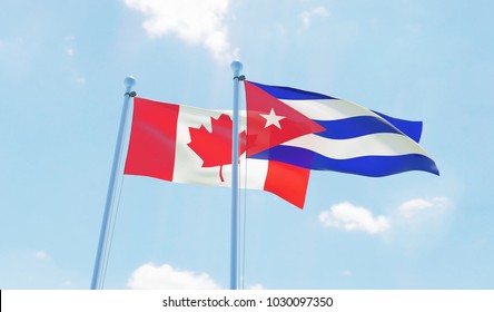 Cuba and Canada, two flags waving against blue sky. 3d image