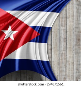 Cuba Flag Of Silk And Wood Background