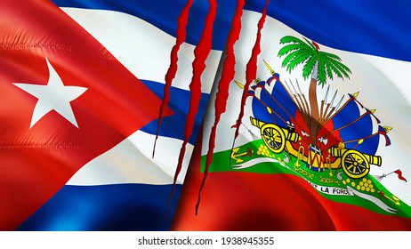 Cuba and Haiti flags with scar concept. Waving flag 3D rendering. Cuba and Haiti conflict concept. Cuba Haiti relations concept. flag of Cuba and Haiti crisis,war, attack concept