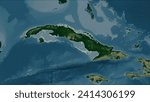 Cuba outlined on a Colored elevation map with lakes and rivers