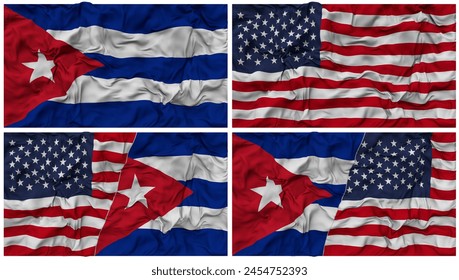 Cuba and United States Half Combined and Full Separate Flags with Cloth Bump Texture, Bilateral Relations, Peace and Conflict, 3D Rendering
