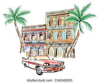 cuban buildings, classic car and palm trees illustration
