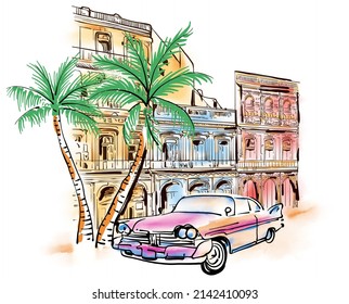 cuban buildings, classic car and palm trees illustration