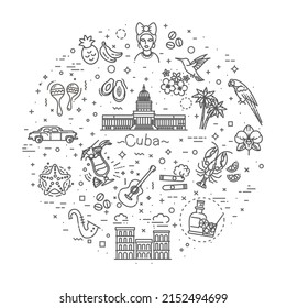  Cuban Culture And Food, Including Maracas, Guitar, Retro Car, Papaya, The Dish With Lobster. Illustration