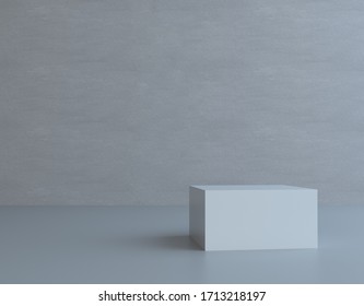 Cube 3d Rendering Of Abstract Monolith Diagonal Shape Block. Concrete Texture. Geometric Heavy Cement Block Standing. Isolated On Grey Background. Gray Cube Box For Product, Cosmetic