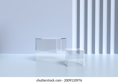 Cube Box Minimal Scene With Glass Geometric Platform. Background Vector 3d Rendering Crystal Glass Podium Platform. Stand Cosmetic Products. Stage Showcase On Pedestal Glass 3d Studio Blue Platform