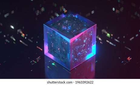 Cube With Glowing Neon Lights. Futuristic Technology Visualization. 3D Rendering Illustration