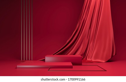 Cube Podium On Dark Red Background. Elegant Silk Fabric Flow, Falls To Surface. 3d Render Illustration. Empty Pedestal, Stand For Mockup Products. Copy Space On Delicate Red Luxurious Satin 