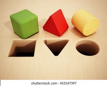 Cube, prism and cylinder wooden blocks in front of holes. 3D illustration.