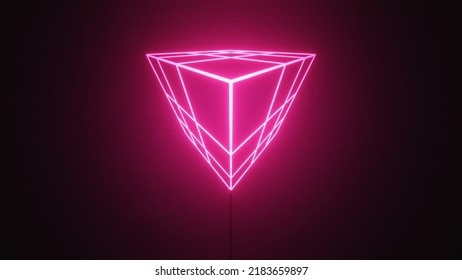 A Cube Stencil Pink Neon Wall Art Illusion. 3d Illustration