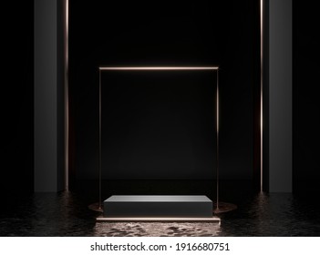 Cube Stone Pedestal, Black Box In Dark Water. 3d Render Illustration. Gold Glitter Decor Design. Empty Base For Product Promotion. Luxury Golden Mockup With Frame