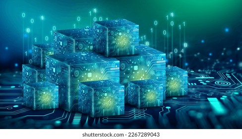 Cube technology with Abstract blue background. Blockchain Network System. Big data storage processing, Cloud data, Internet Security, and Digital Technology. 3D illustration.